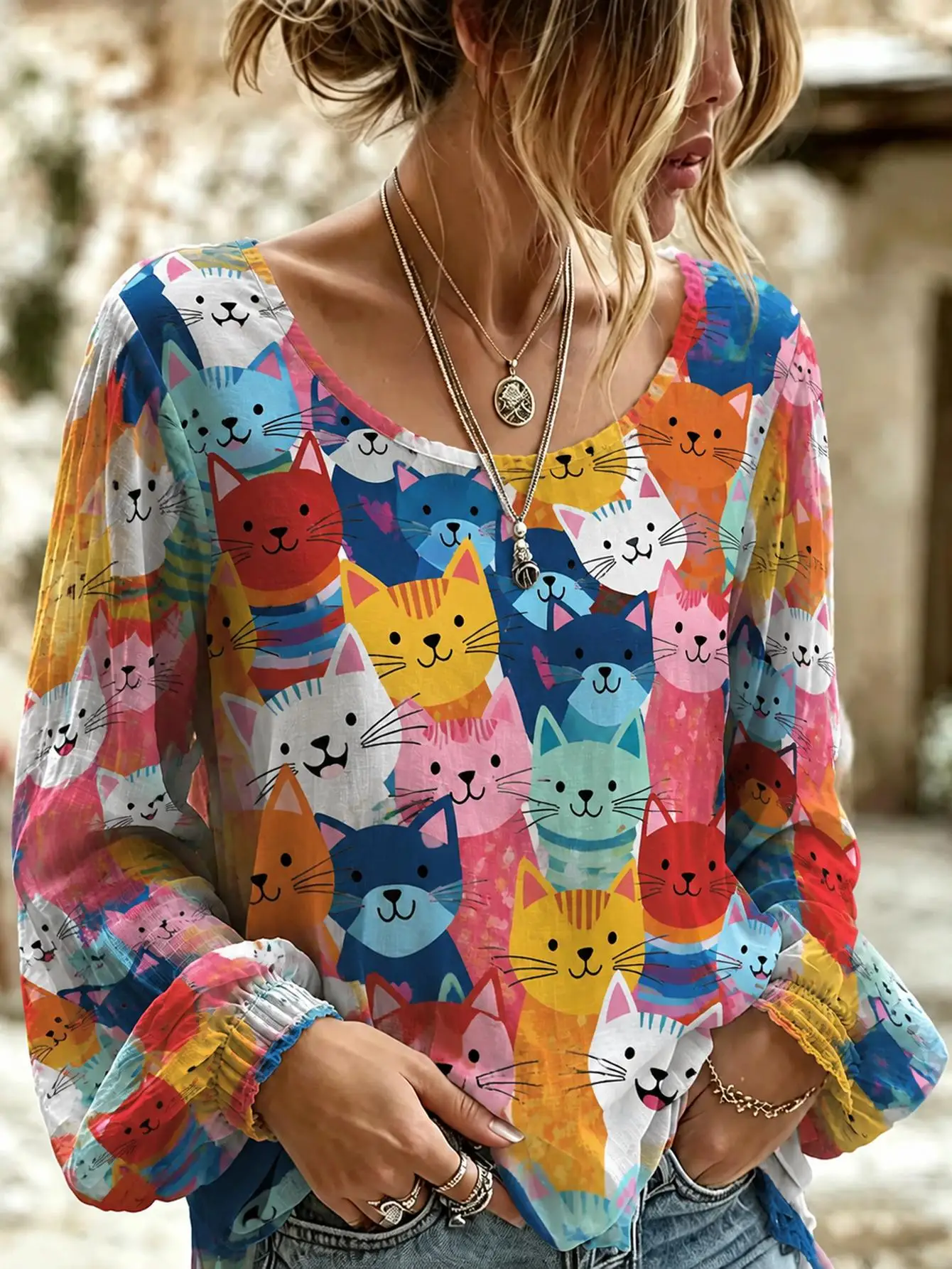 Women Plus Size Blouse 3D Cat Print Long Sleeve Loose Fit Casual Boho Top