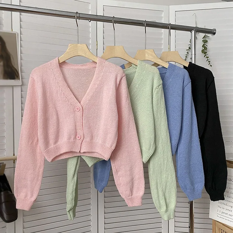 Solid Color Long Sleeves Sweater Women\'s Spring Autumn Thin Knitted Short Cardigan Casual Fashion Outfit All-Match