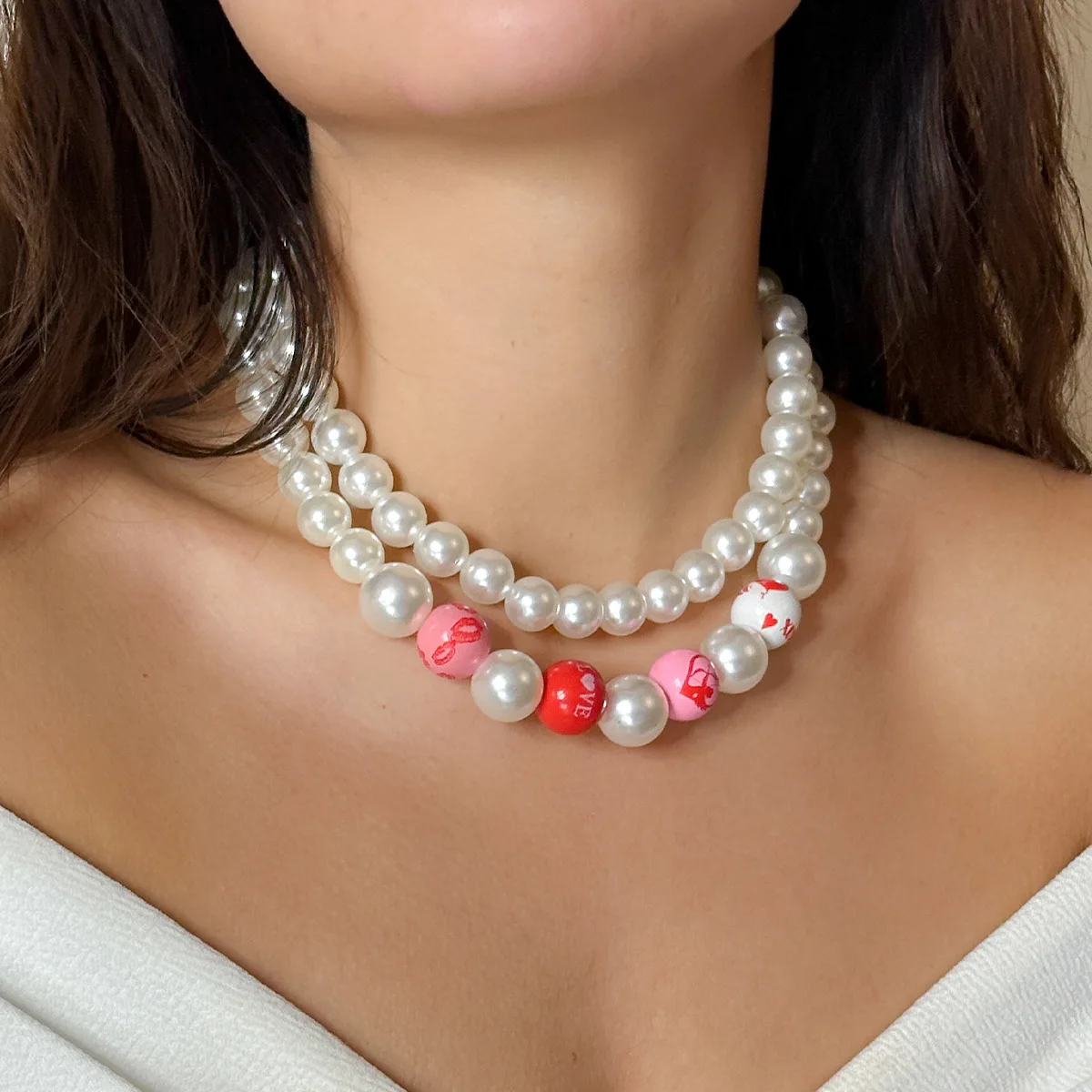 Love Letter Pendant Necklace Multicolor Resin Beads Faux Pearl Accents Chunky Statement Jewelry for Valentine Party Festival