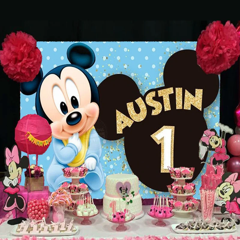 Disney Blue Mickey Mouse Backdrop Party Supplies Photography Backdrop 1st Birthday Background Princess Girls Boys Decoration