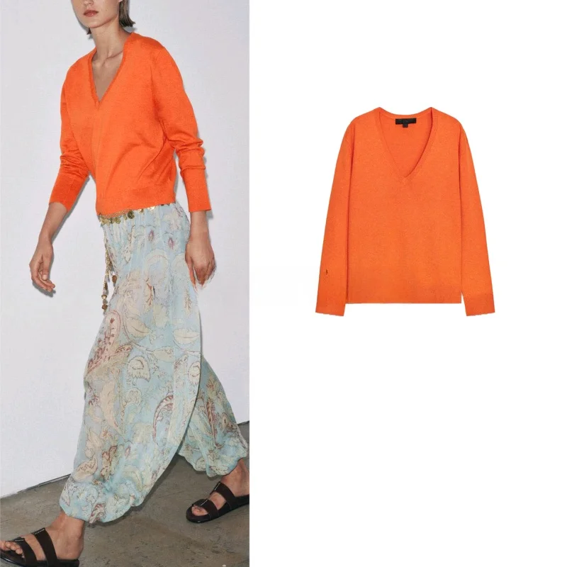 

Autumn New Arrival Women's Knitted Long Sve V-Ne Flat Needle Pure Color Ribbed Design Polyester Fiber Navy Sle Slim Fit