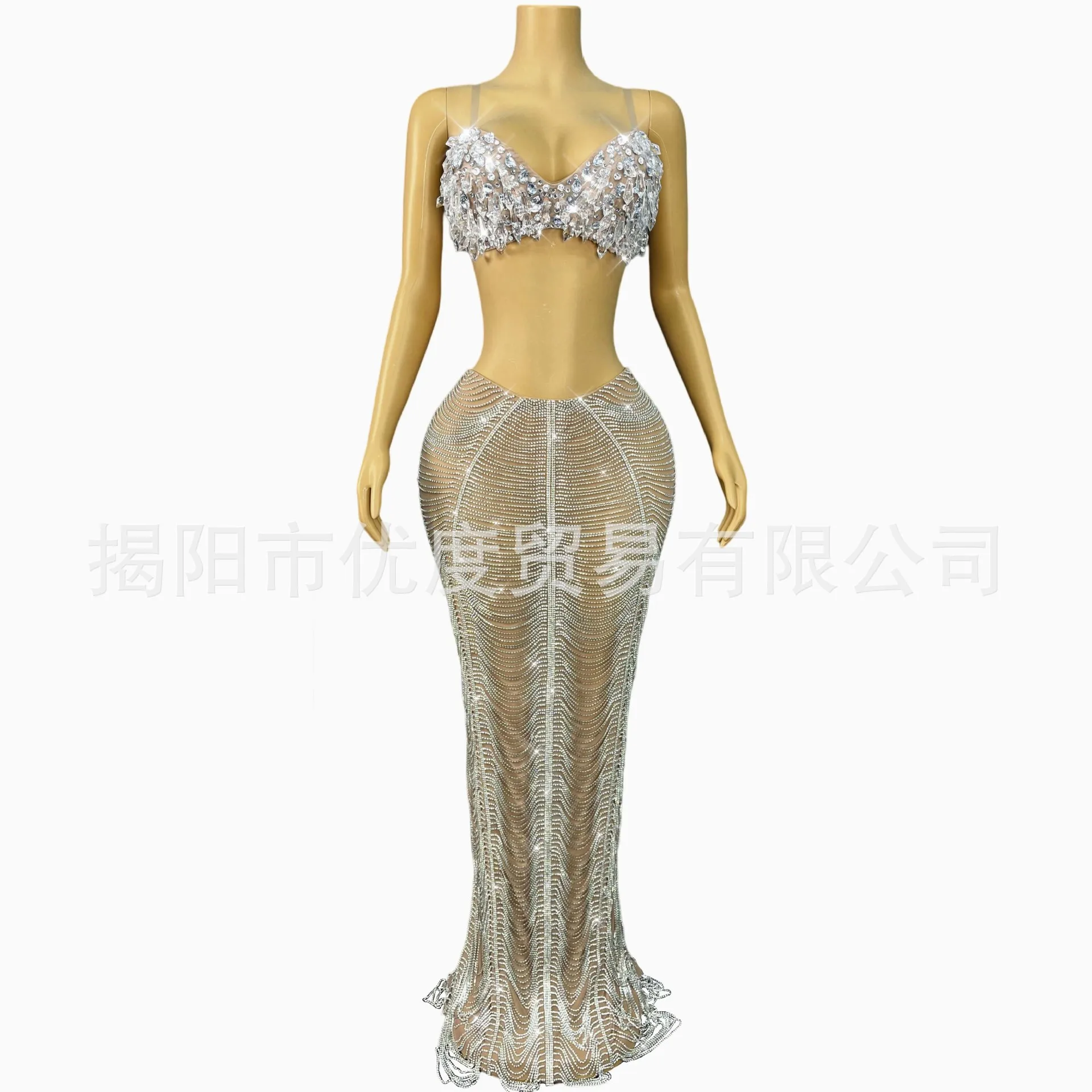 

Heavy Industry Sexy Rhinestone Chain Perspective Performance Suit Jumpsuit Elastic Crystal Stage Performance Suit Alice Vestidos
