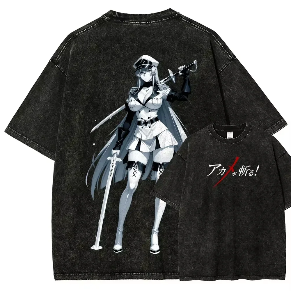 2026 summer Akame ga Kill Esdeath Ice Queen Washed T-shirt Anime Harajuku Streetwear Oversized Tee Y2K Retro Otaku Tops
