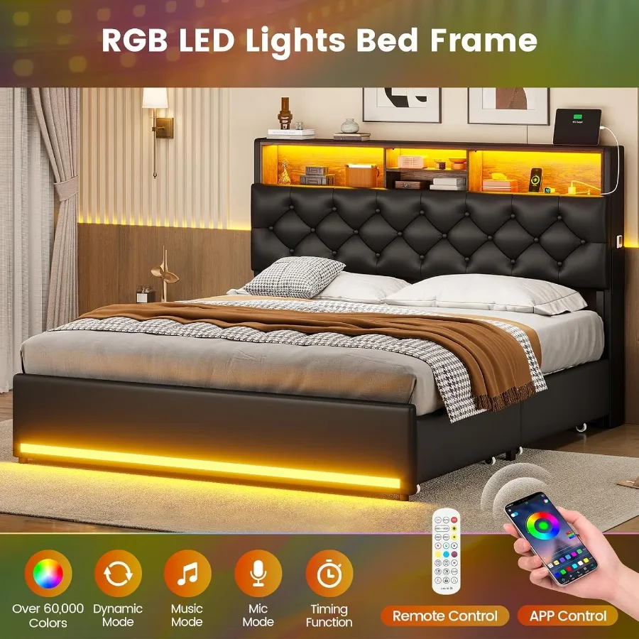 Queen Bed Frame with 4 Drawers and Hidden Storage Headboard Featuring LED Lighting Built-in Charging Station Upholstered Design - Image 3