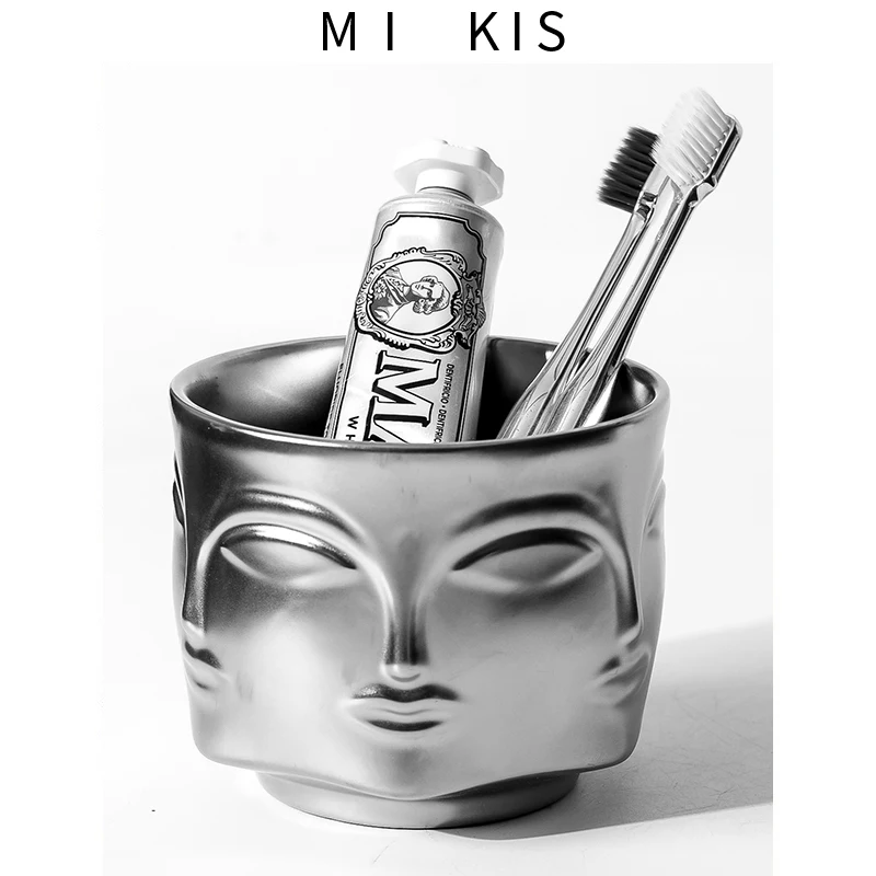 

Mikis Bathroom Luxury Toothbrush Holder Rack Couple's Mouthwash Cup Storage Organizer Ceramic Material Desktop Placement
