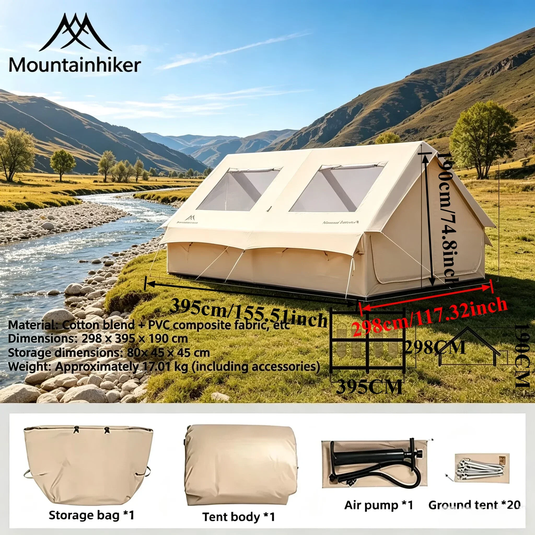 12m² Air Tent MOUNTAINHIKER Large Inflatable Tent 5/8Person Outdoor Camping Tent Rainproof Family Beach BBQ Fishing Park
