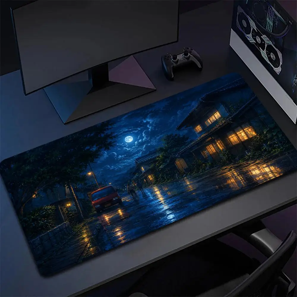 Aesthetic Rainy Night Street Large Desk Mat Japan Country Town Moon Glowing Light Reflection Mousepad for Laptop PC Game Decor