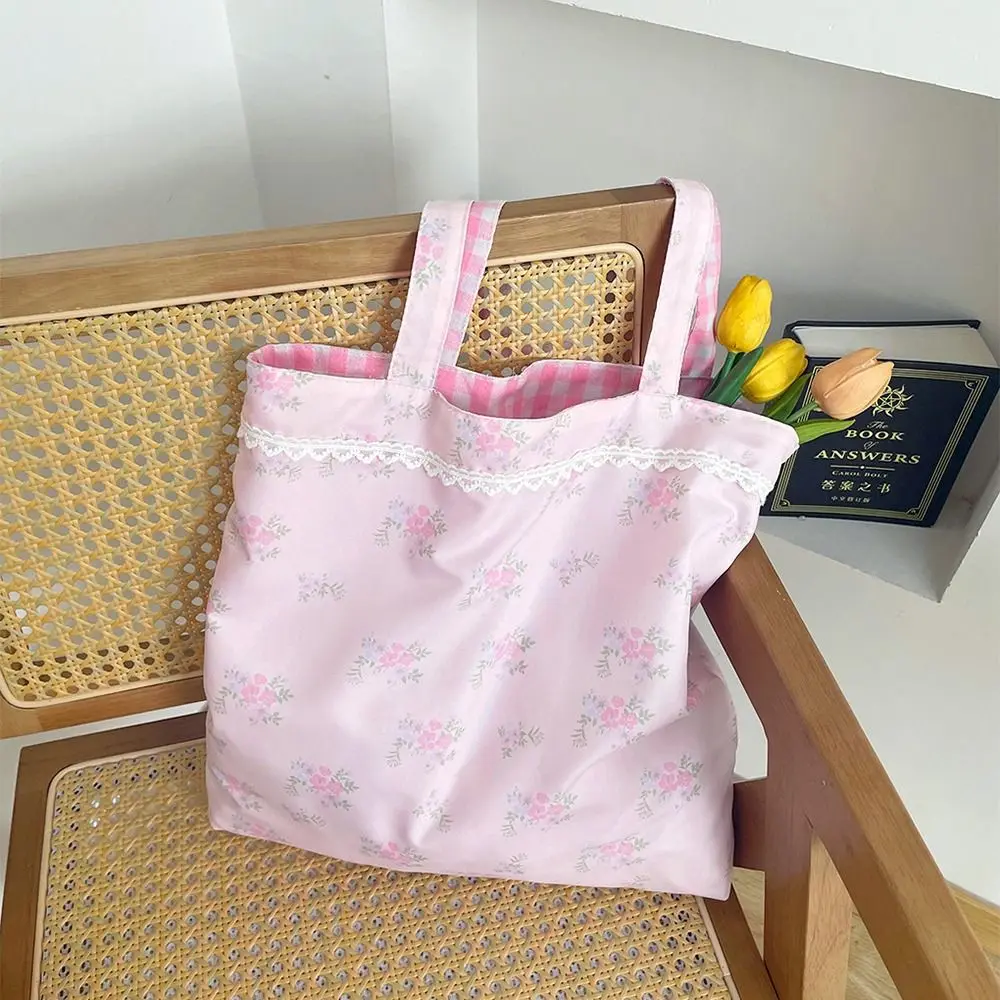 

Double-sided Pink Grid Crossbody Bag Sweet Plaid Shoulder Bag Spacious Interior Large Capacity Flower Printing Casual Tote Bags