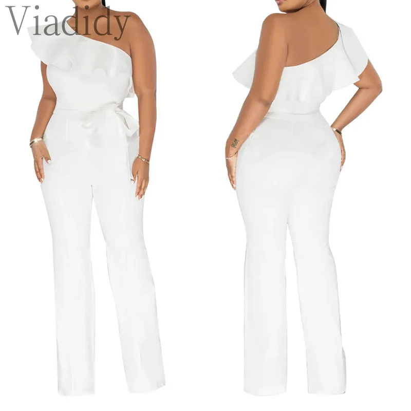 Women One Shoulder Ruffles Sleeveless Solid Color Straight Jumpsuit With Belt