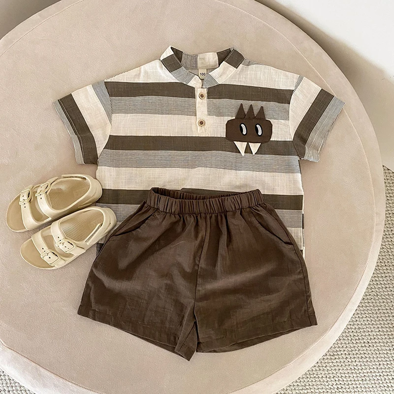 MILANCEL Children\'s Summer Set Sister Brother Clothing Boys\' Stripe Shirt & Shorts 2pcs Casual Suit Girls\' Cartoon Dress