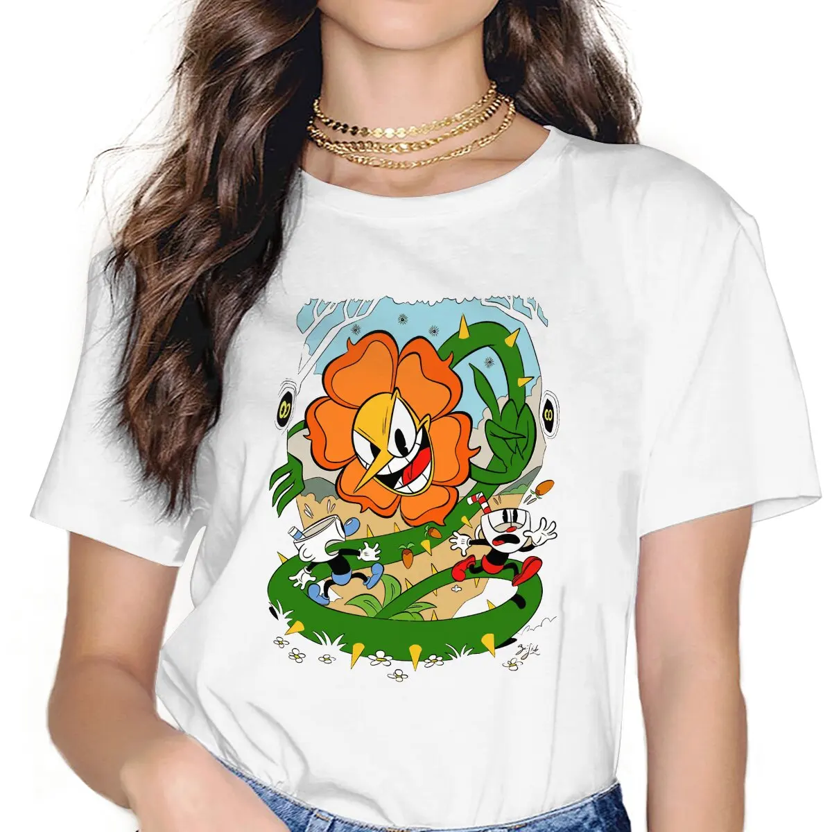 Game Cuphead Moster Flower Tshirt Graphic Girl Tops Vintage Fashion Summer Clothing Fibre Harajuku T Shirt