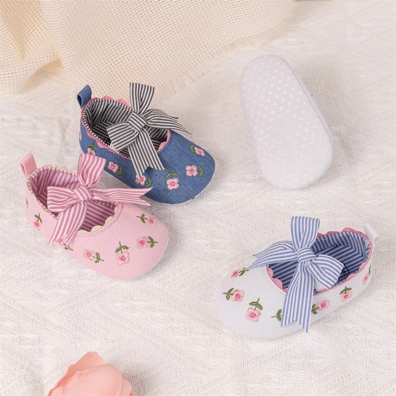 Listenwind Baby Girl Princess Shoes Adorable 3D Big Bow Striped Floral Non-Slip First Walking Soft Sole Casual Shoes