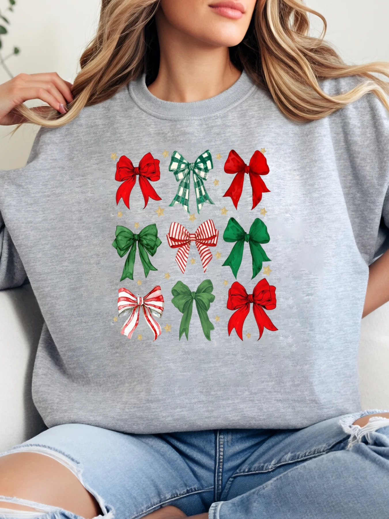 

Праздничный свитшот с рождественским бантом и принтом, женская повседневная одежда, наряд для вечеринки, серый, больших размеров