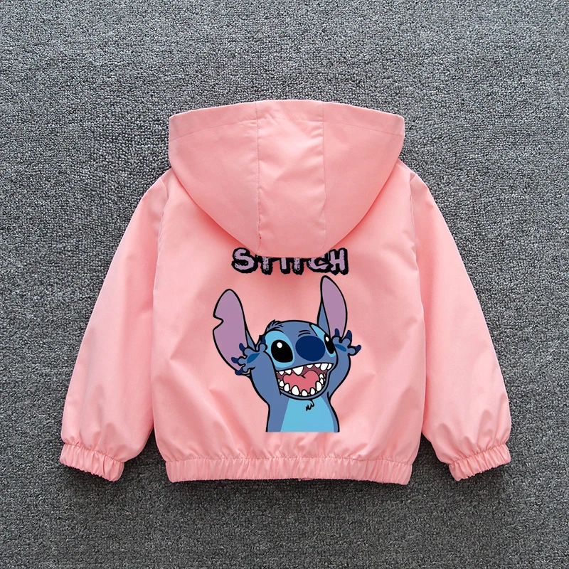 Disney Stitch Kids Girls Hooded Jacket 2024 Autumn Baby Boy Coat Cartoon Zipper Long Sleeve Casual Outerwear Children Clothing