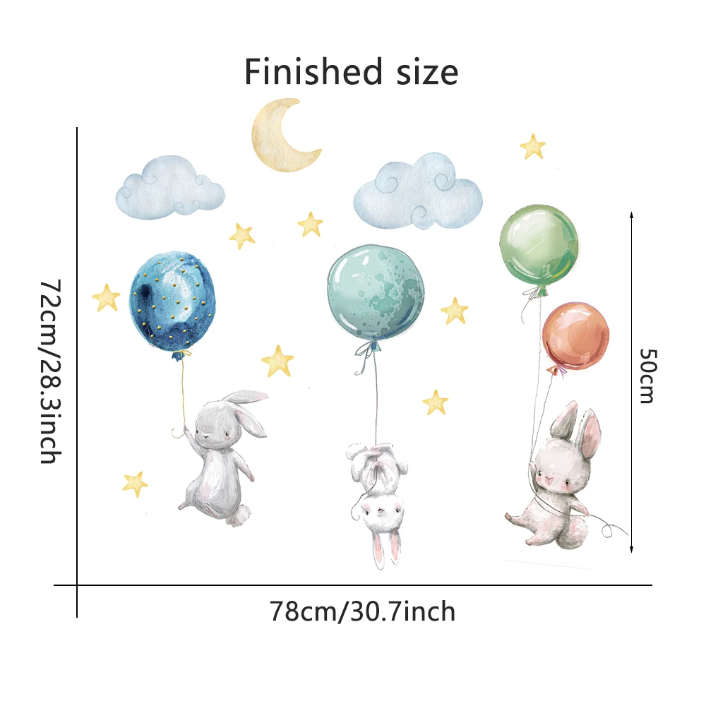 Simpatici adorabili conigli volanti adesivi murali palloncini Moon Star Cloud decalcomania rimovibile per bambini Nursery Baby Room Decor Poster