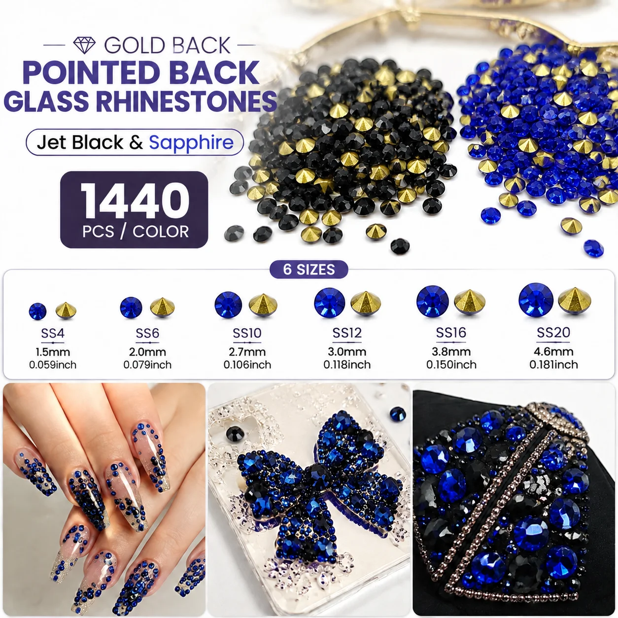 1440PCS Pointed Back Glass Rhinestones Gold Back SS4-SS20, Sapphire & Jet Black Gems for Nail Art, Clothing, Shoes, Bags DIY
