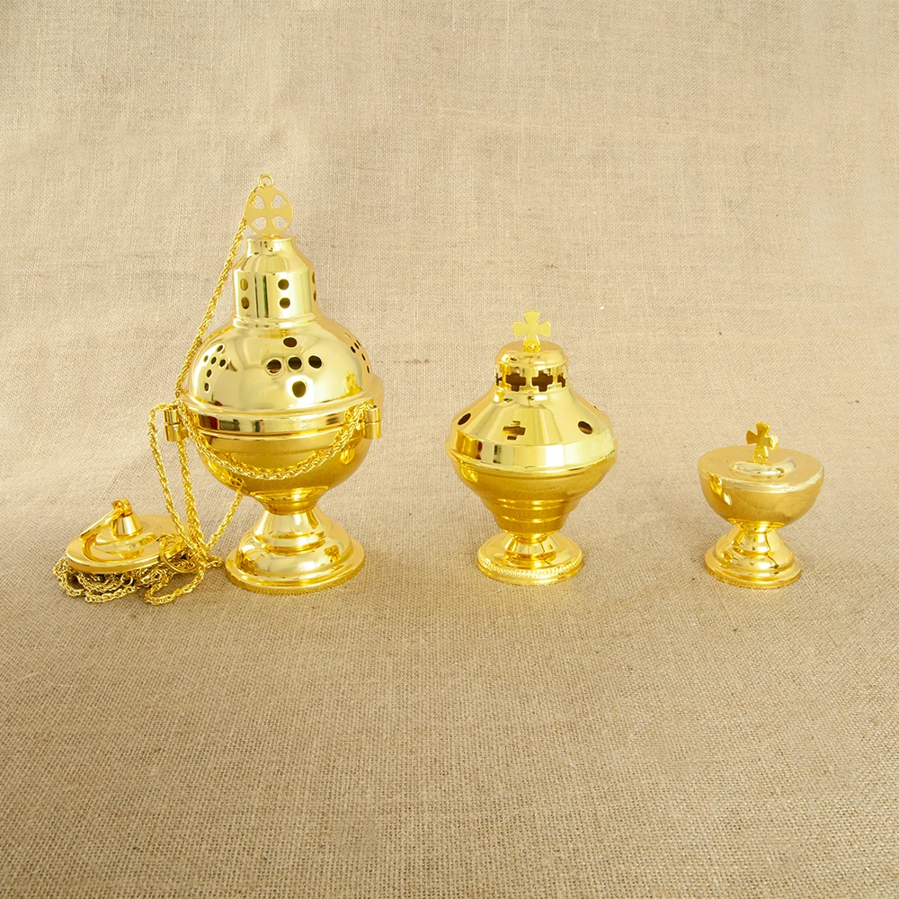 

Orthodox Mass Supplies Set, Church Censer with Bell, Communion Cup with Spoon, Zinc Alloy, Gilded, Worship, Prayer, Communion