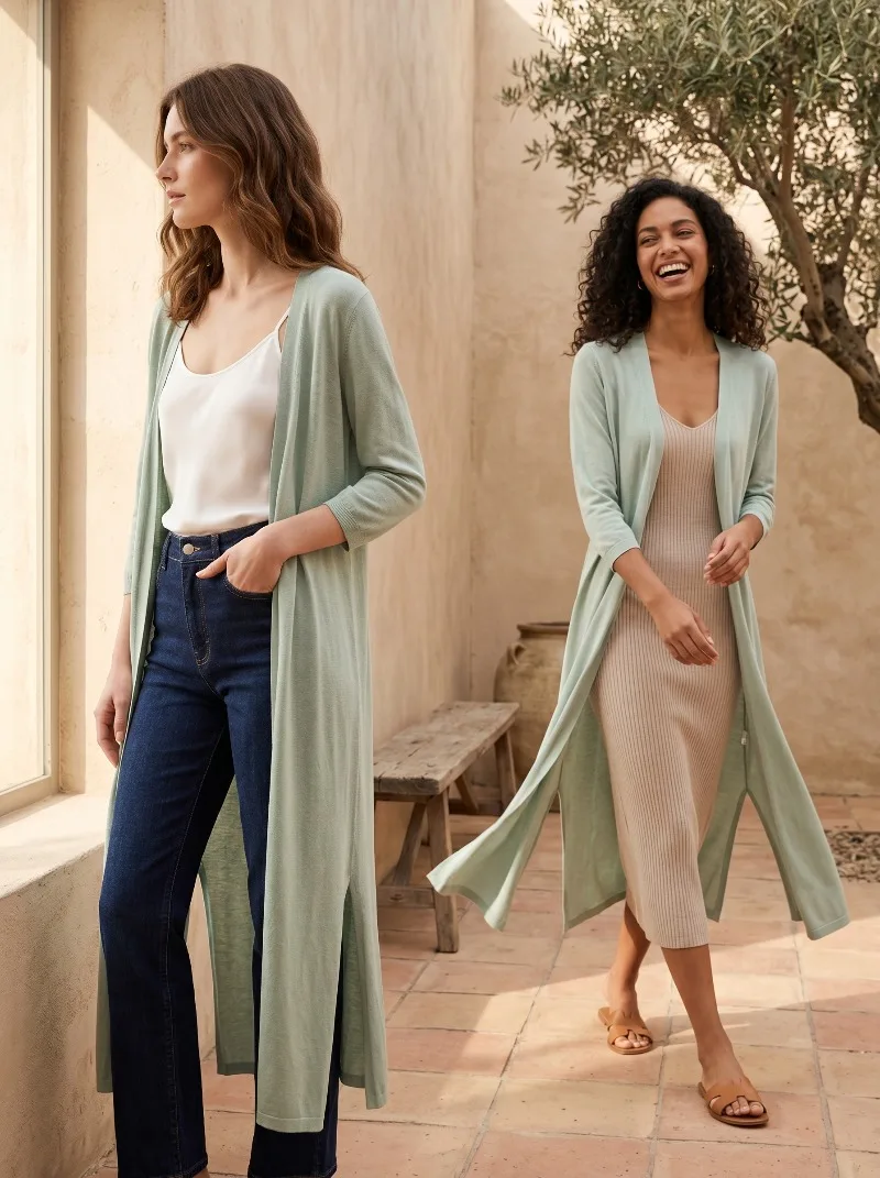Ladies Ice Silk Knit Sun Protection Coat Loose Three Quarter Sleeve Open Front Cardigan Casual Thin Breathable Daily Outerwear view 2