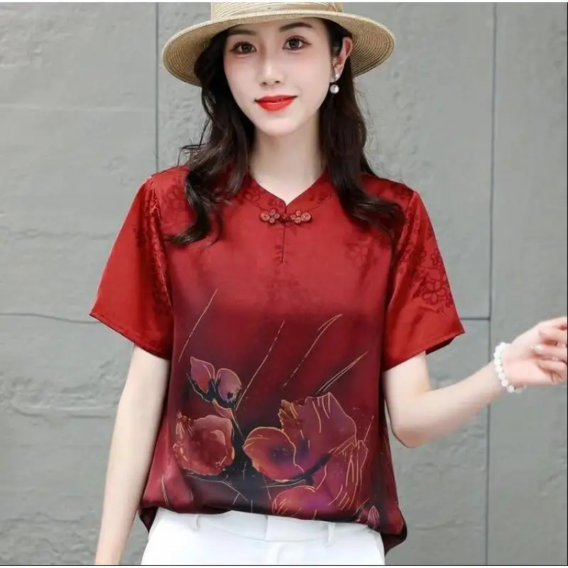 Retro Middle Aged Mother Silk Summer Floral Printing Soft Blouse Elegan Women Clothes Short Sleeve Loose Shirt