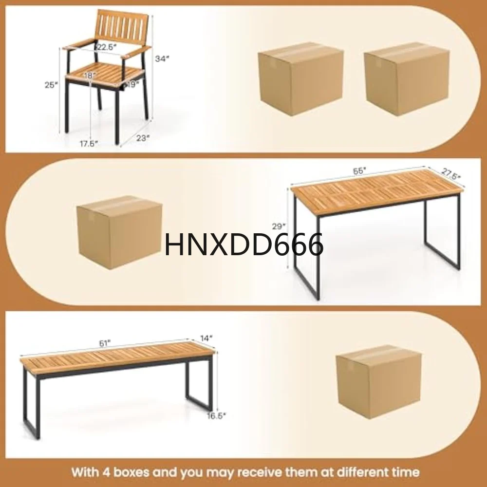 6 Pieces, Patio Table and Chairs Set with Bench for 6-7 People, Furniture Set with 2" Umbrella, Outdoor Tables