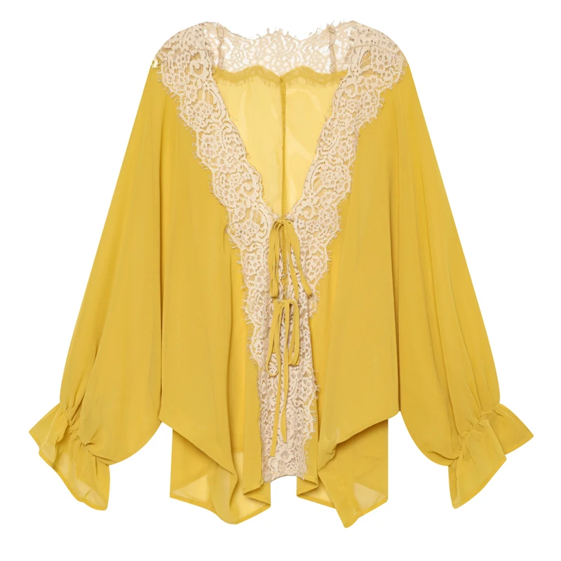 Women's Shirt With Lace Summer Women's Elegant Yellow See Through Oversize Blouse Women's Long Sleeve Top Female Casual Shirts 6