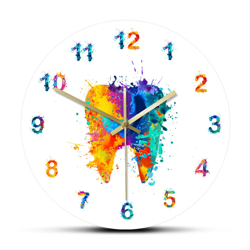 

Watercolour Tooth Shaped Art Printed Wall Clock Dental Clinic Office Decor Timepieces Dentistry Wall Watch Orthodontist Gift