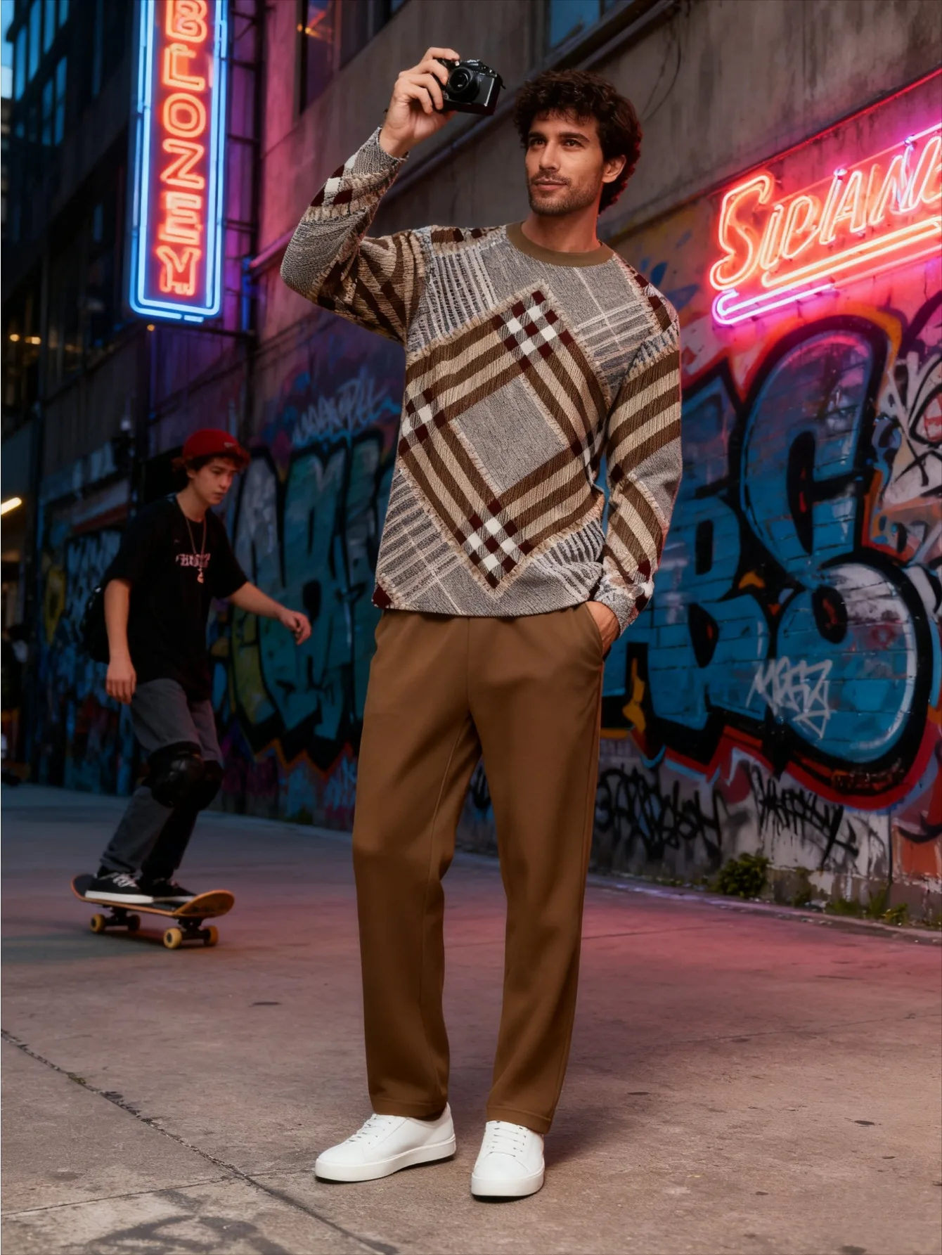 طقم بغطاء للرأس عصري مطبوع رقميًا للرجال مكون من قطعتين