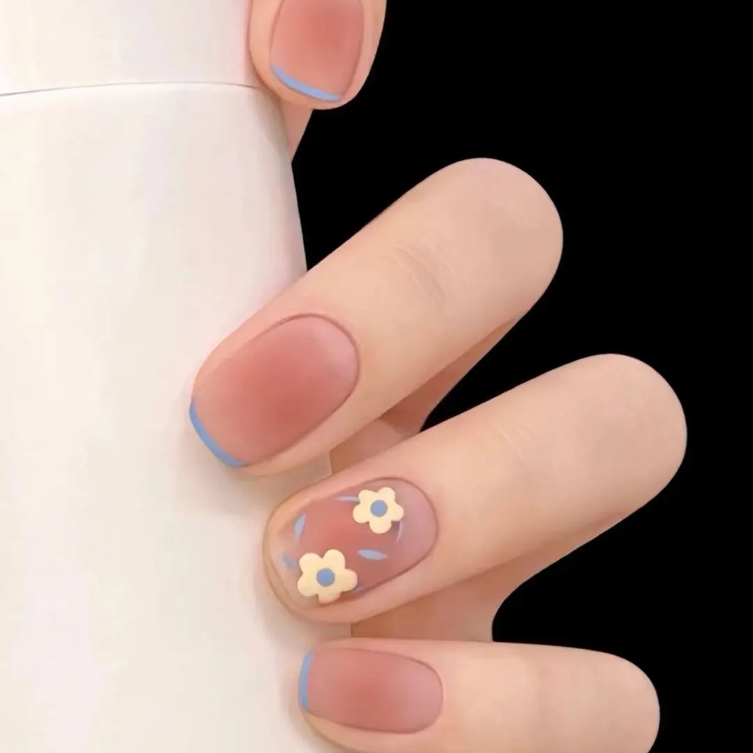 Champagne Zircon Spring/Summer Wearable Women Nail Patch Gentle Frosted French Halo Dyed Small Flower Nail Finished Product