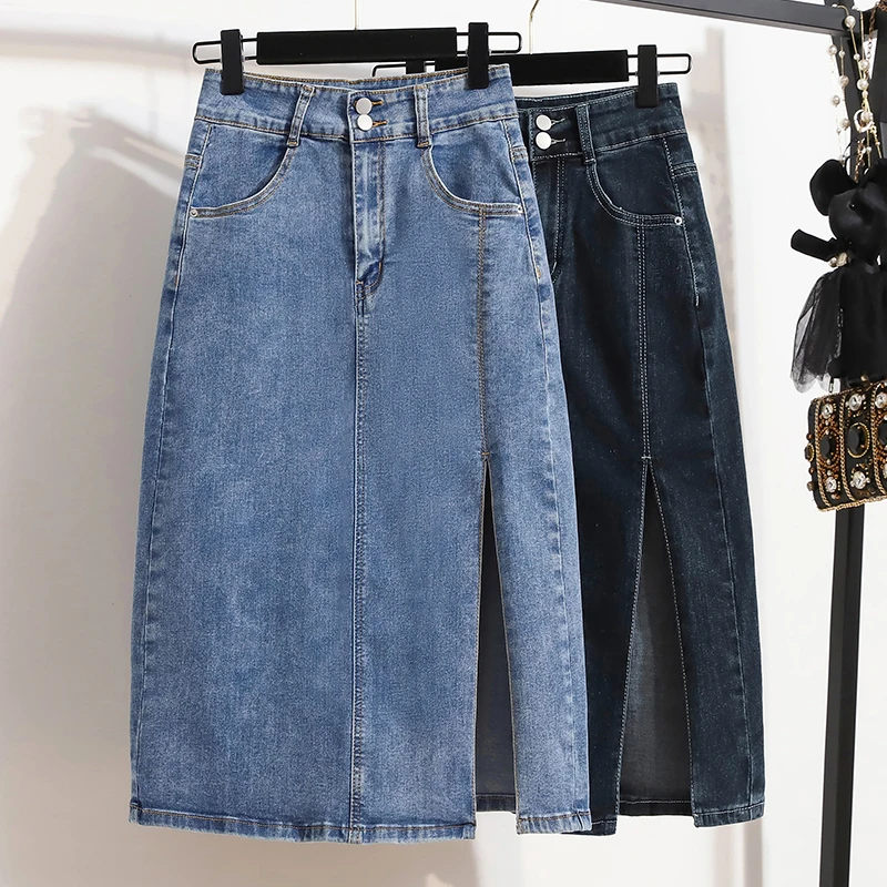 

High Waist Women Denim Skirt Summer Casual Solid Color Split Midi-length Wrap Hip Skirt All-Matched Female Skirt