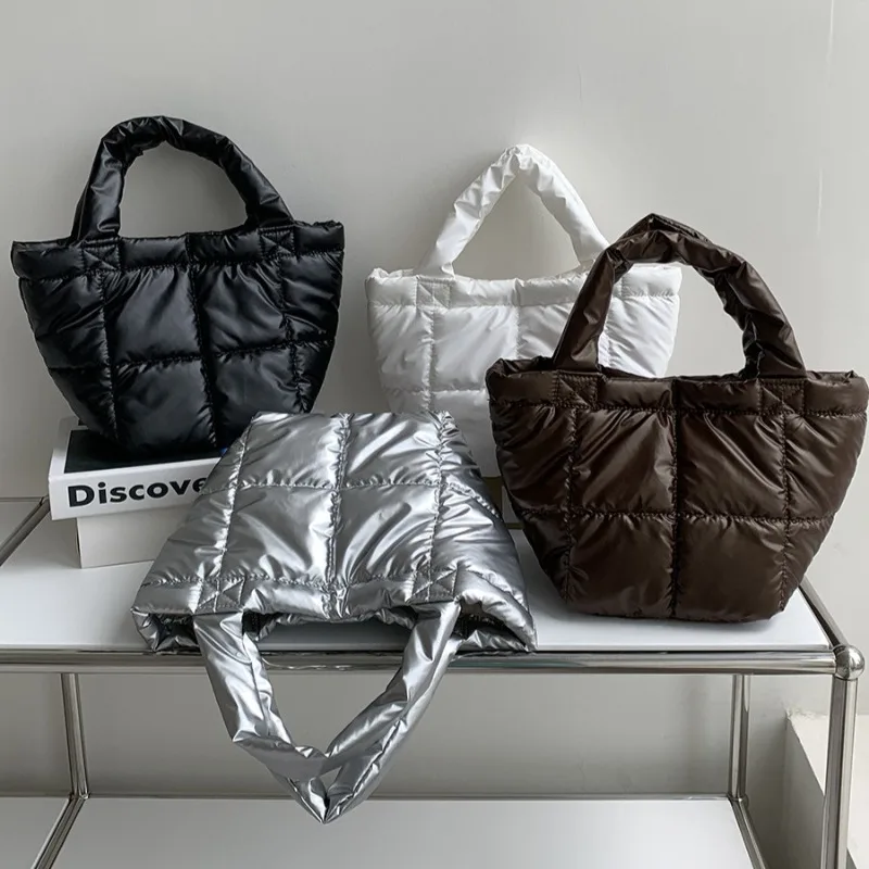 Winter Down Tote Bag for Women Puffer Handbag Trendy Chic Puffy Top Handle Bag Quilted Padded Shoulder  Designer Shopper Bag