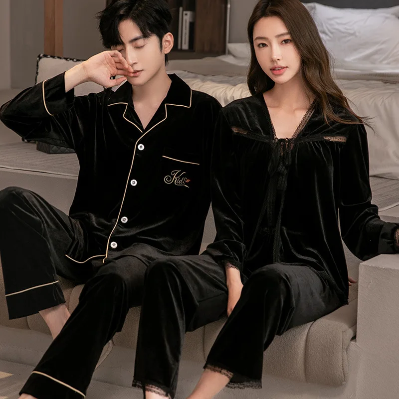 

Autumn Couple Velour Women Shirt Sling Pants Three-piece Set Sleepwear Gold Velvet Men Long Sleeve Shirt Pants Home Clothes