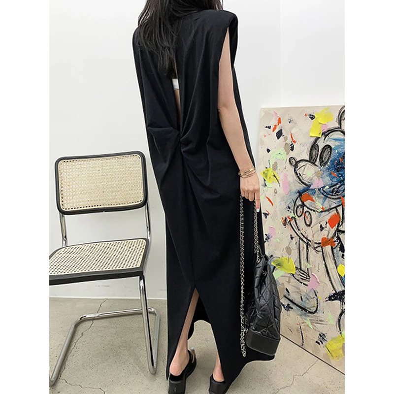 2025 New Arrival Summer Women Loose Fit Casual Straight Dress Sleeveless Korean Style Bow Hollow Out Ankle-length Dresses T38