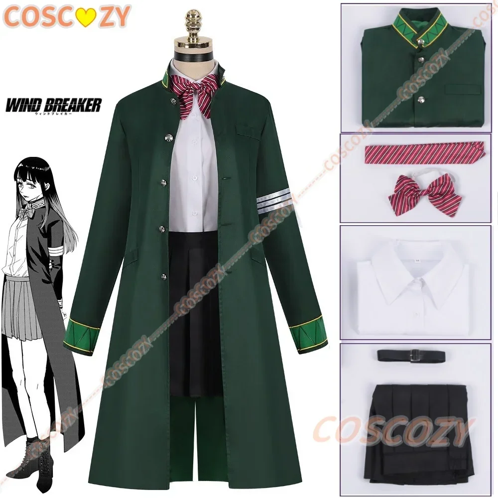 

CosplayTasuku Tsubakino Anime Wind Breaker Cosplay Costume Wig Green Long Trench Coat School Uniform Halloween Party Woman Suit