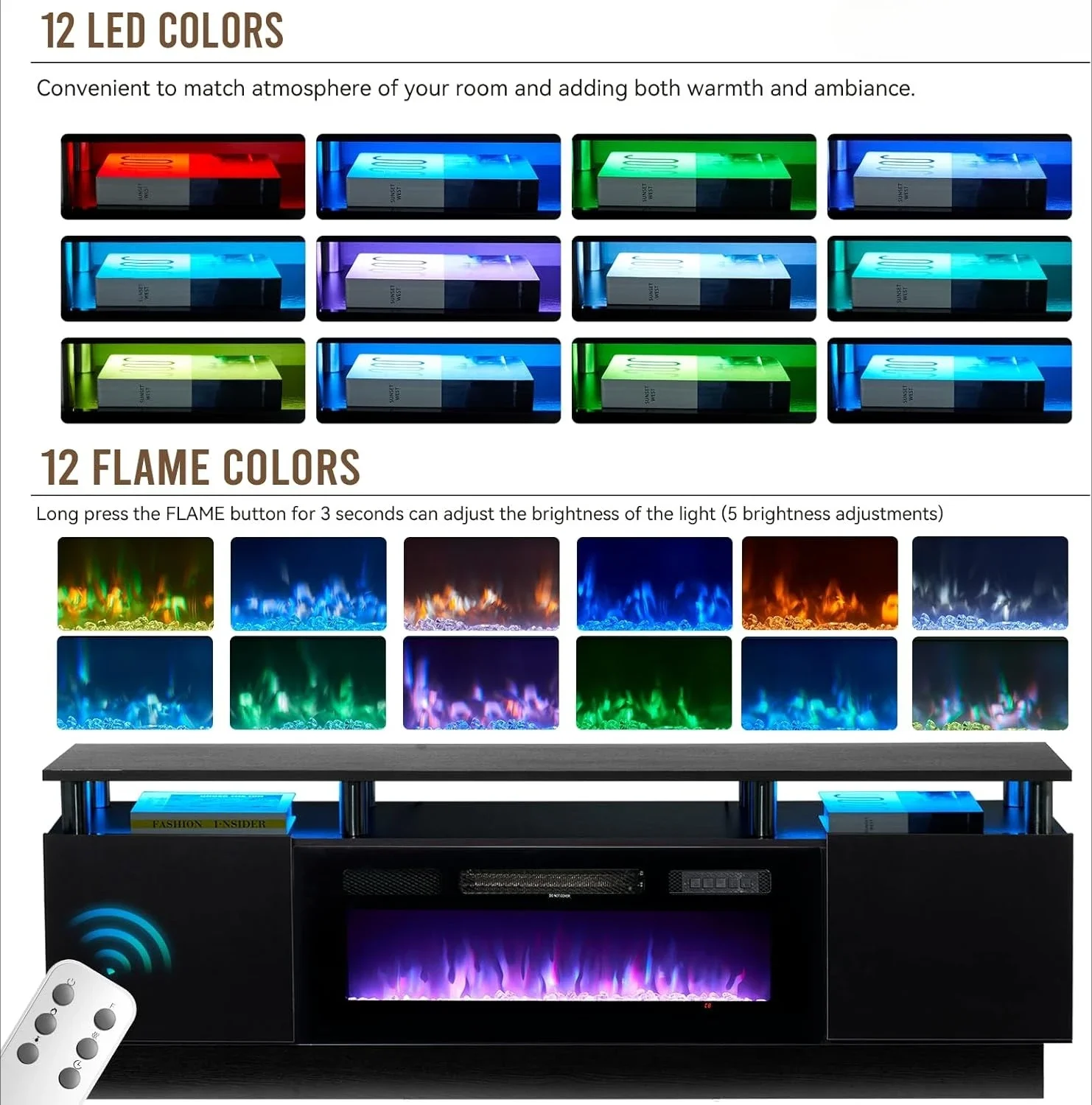 حامل تلفزيون مدفأة مع مدفأة كهربائية مقاس 36 بوصة، مركز ترفيه بإضاءة LED، حامل وحدة تحكم تلفزيون من طبقتين لأجهزة التلفاز حتى 80 بوصة، أسود #3