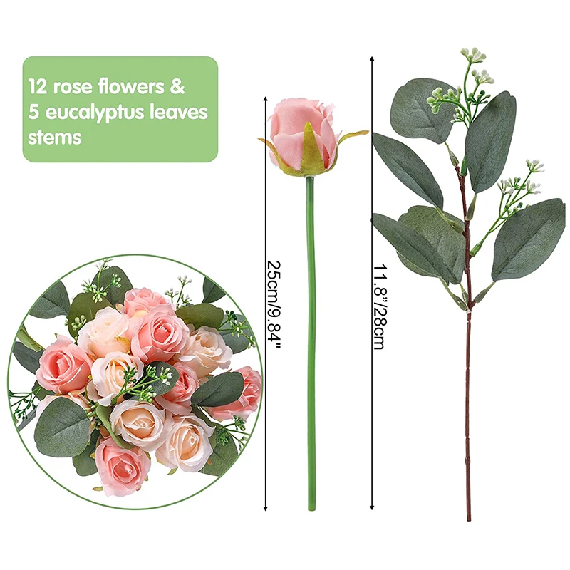 17Pcs Artificial Rose Flowers, 12 Silk Flowers Rose And 5 Artificial Eucalyptus Leaves Stems In Bulk, For Wedding Party