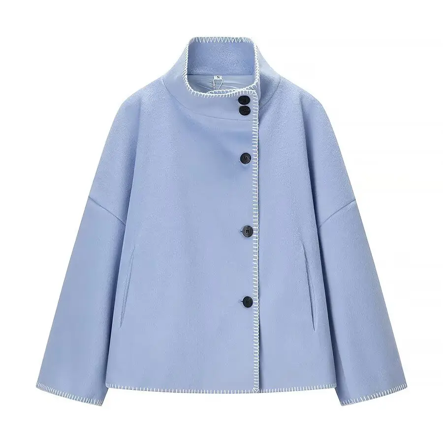 Women's Fashion Casual Fringed Shawl Irregular Stand Collar Loose Woolen Coat   5CD4