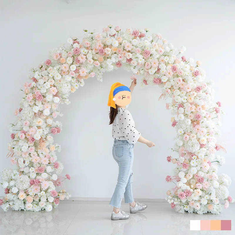 Sweet pink wedding finished fake flower arch set, photo background decoration simulation