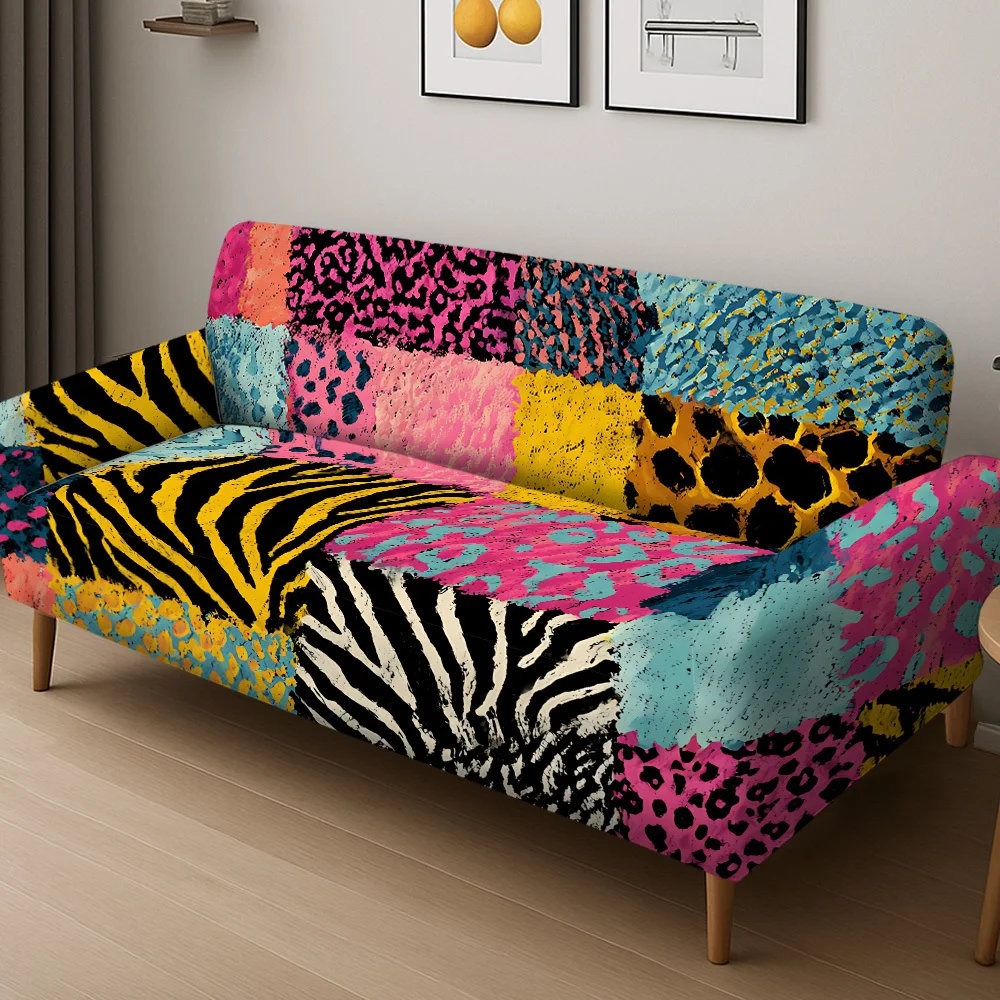 1pc Vibrant Colorful Patchwork Animal Print Stretch Sofa Cover, Removable Washable Couch Slipcover for Bold Boho Home Decor view 6