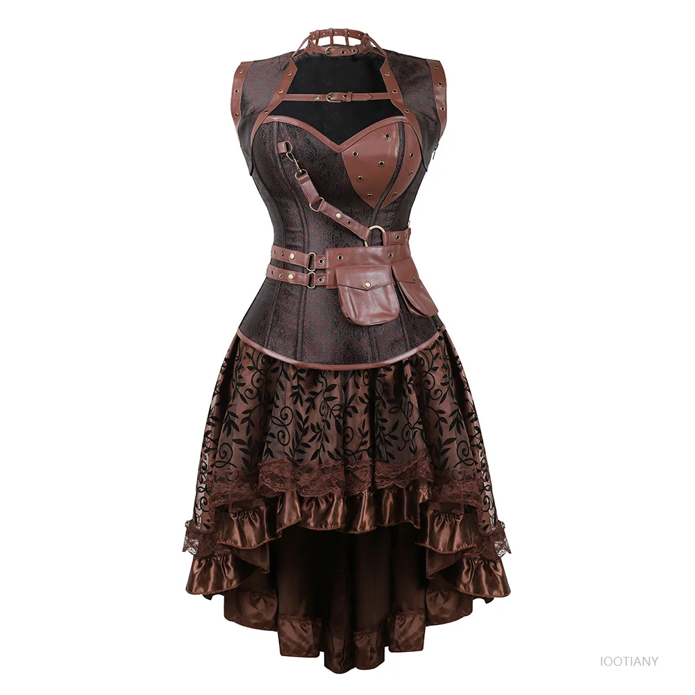 

Plus Size Adult Brown Medieval Gothic Suit Steampunk Faux Leather Corset With Skirt Women's Cosplay Pirate Costume Dress 2025