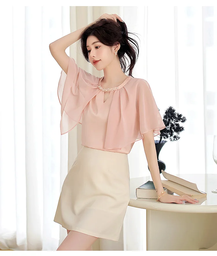 Mode 2026 Sommer Kurzarm O-Ausschnitt Süße Damenbluse Rosa Chiffon-Bluse Hemden Damen-Tops Blusas De Mujer Camisas N602 – Detail 9