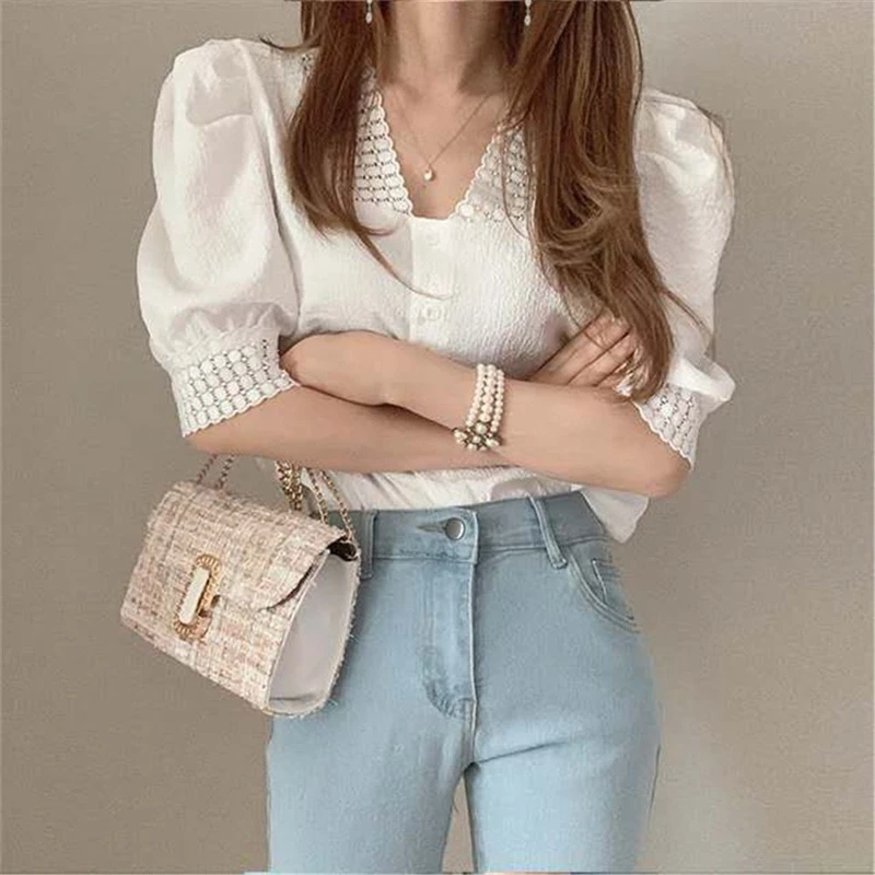 Women Korean Fashion Lace Patchwork Shirts Vintage Elegant Chic V Neck Puff Short Sleeve Blouses Summer Casual Sweet Solid Tops