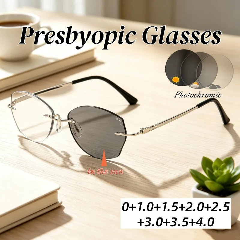 Elegant Rimless Cut Edge Photochromic Presbyopia Eyeglasses Metal Oval Frame Reading Glasses Classic Comfortable Eyewear Unisex