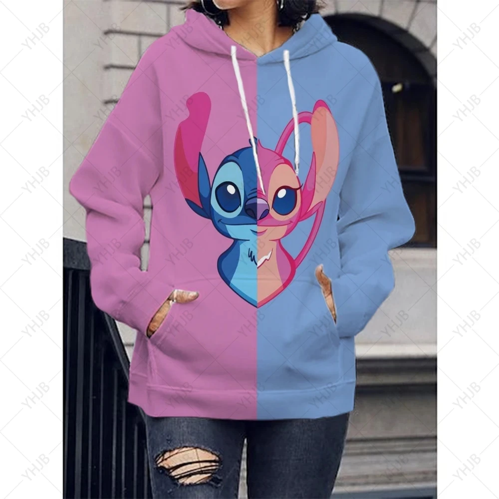 Disney Stitch Print felpa con cappuccio para crianao as, camisola de rua feminina, capuz casual solto, cosplay, novo