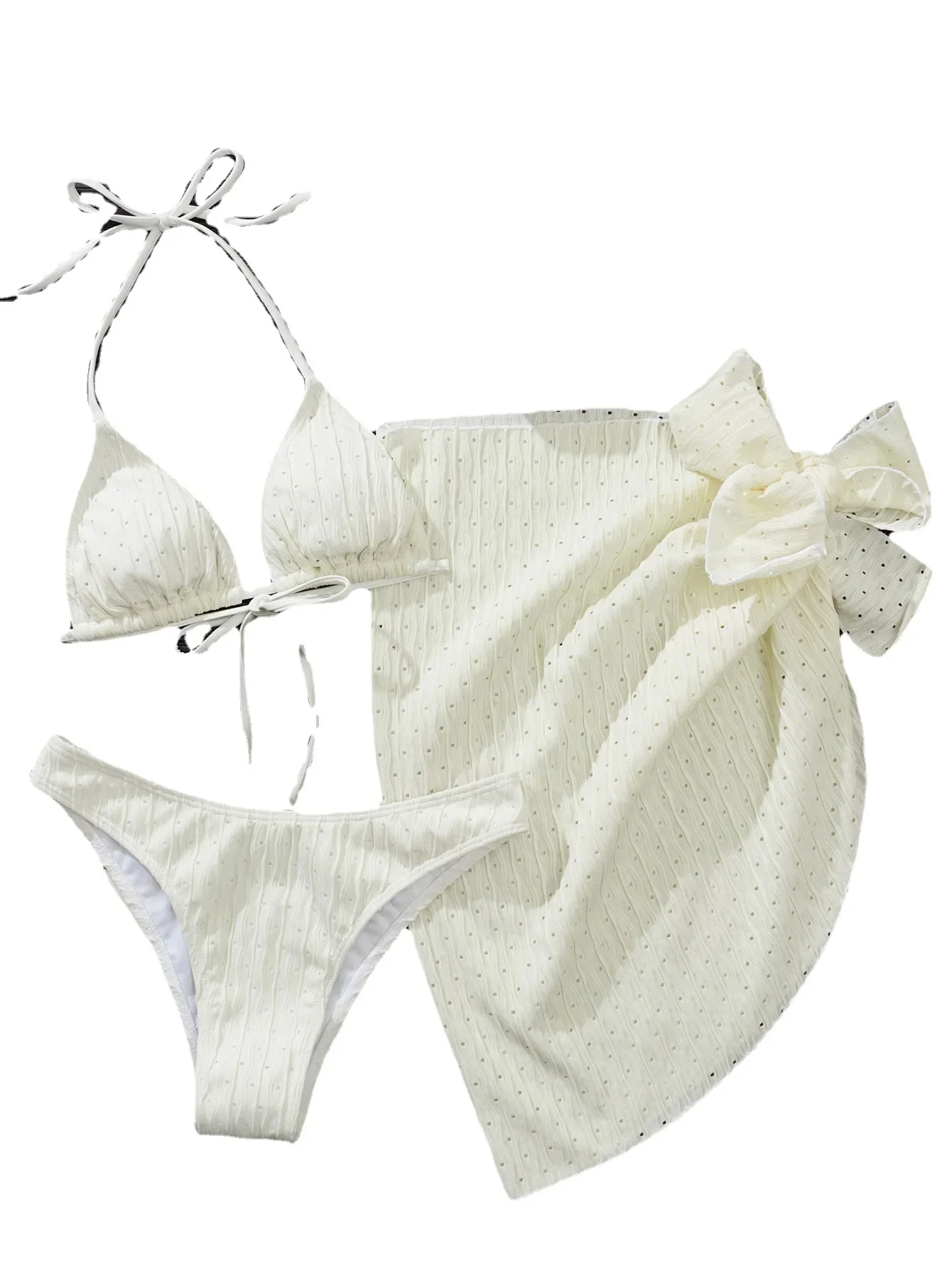 2023 Sexy White Halter 3PCS Tied Skirt Bikini Set Women High Waist Cut Swimsuit Female Push UP Swimwear Backless Bathing Suit