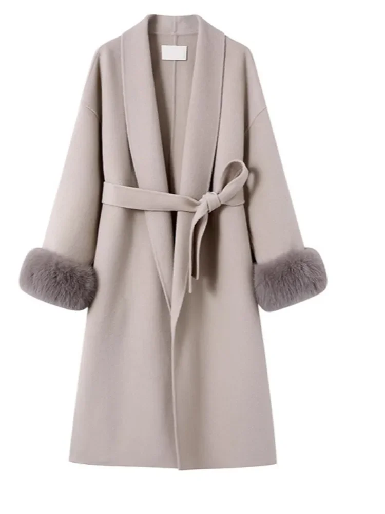 

Two Sided Spliced Cashmere Coat For Women turn down collar Long Sleeves Solid Color Coats Winter 2025 New