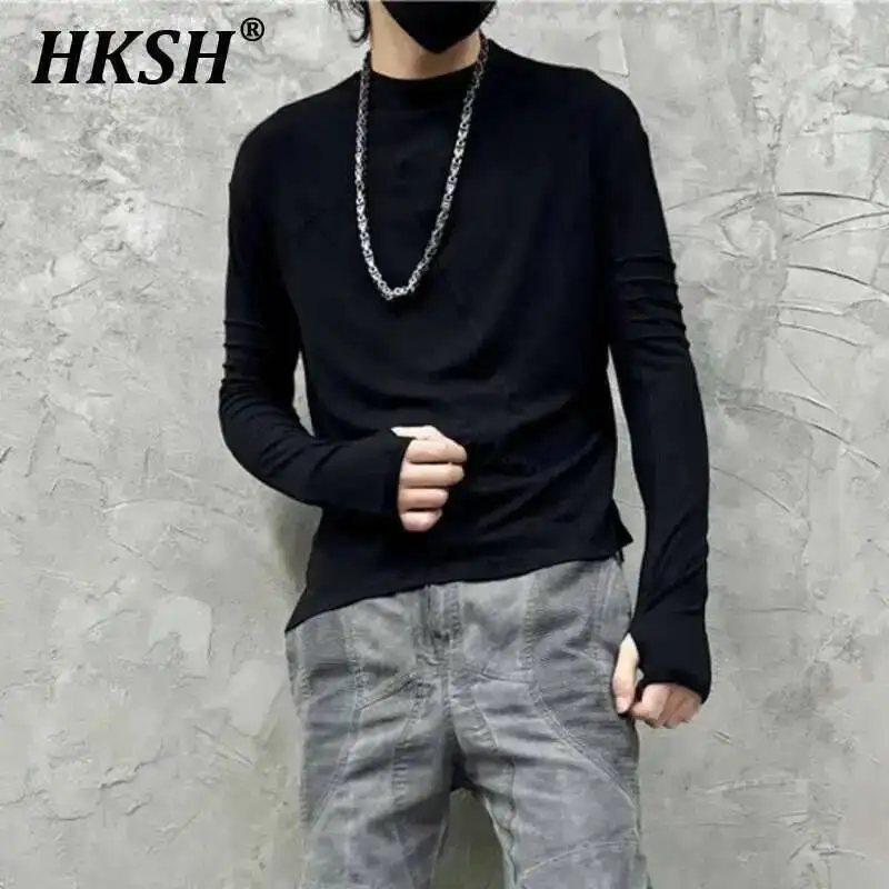 

HKSH Men Dark Vintage Stand Cut Deconstruction Washed Long Sleeve T-shirts Avant-garde Patchwork Slim Niche Design Tees HK4509