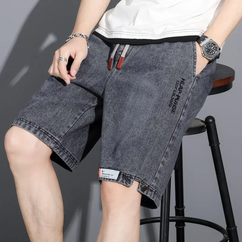 Straight Trousers 2024 Summer New Men's Spliced Elastic Drawstring Letter Pockets Fashion Slim Young Style Trendy Jeans Shorts