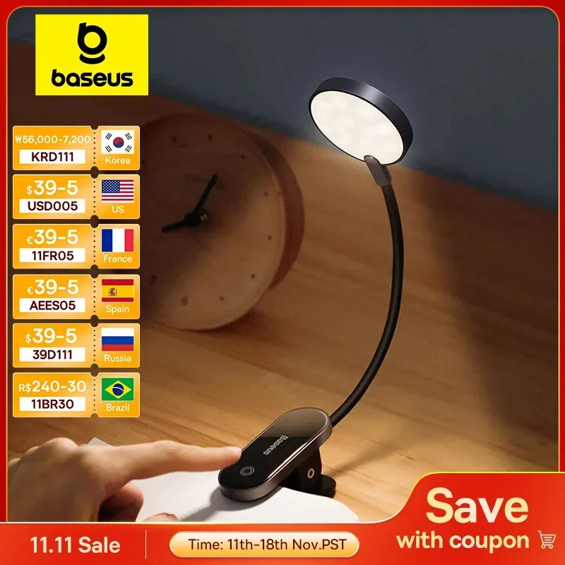 Baseus LED Clip Table Lamp Stepless Dimmable Wireless Desk Lamp Touch USB Rechargeable Reading Light LED Night Light Laptop Lamp