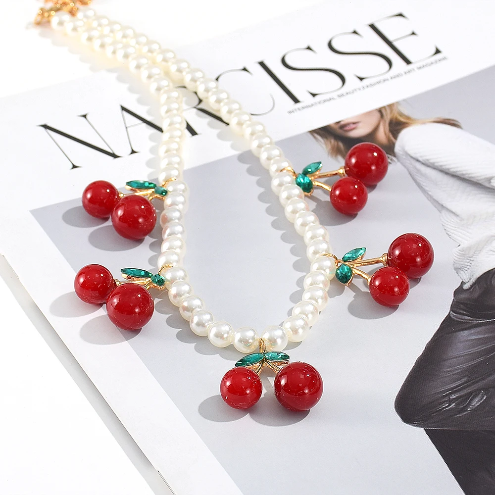 Fashion Red Cherry Imitation Pearl Necklaces for Women Girls Korean Cute Fruit Choker Necklaces Party Jewelry Gifts