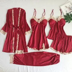 Sleepwear Female 5PCS Pajamas Set Satin Pyjamamas Lace Patchwork Bridal Wedding Nightwear Rayon Home Wear Nighty&Robe Suit